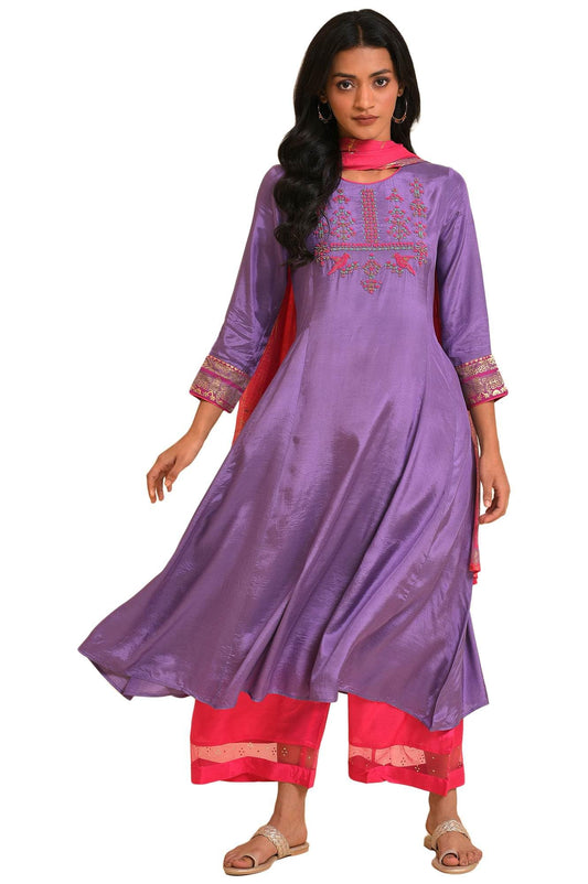 Wishful By W Women Shantung Embroidered Flared Purple Kurta And Pants Set With Dupatta | Embroidered Ethnic Kurta Set With Dupat