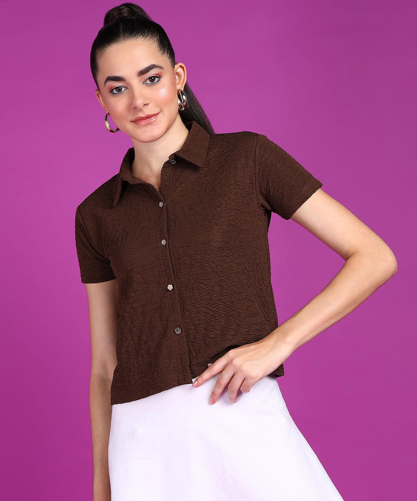 POPWINGS Women Casual Brown Rimjhim Solid Shirt