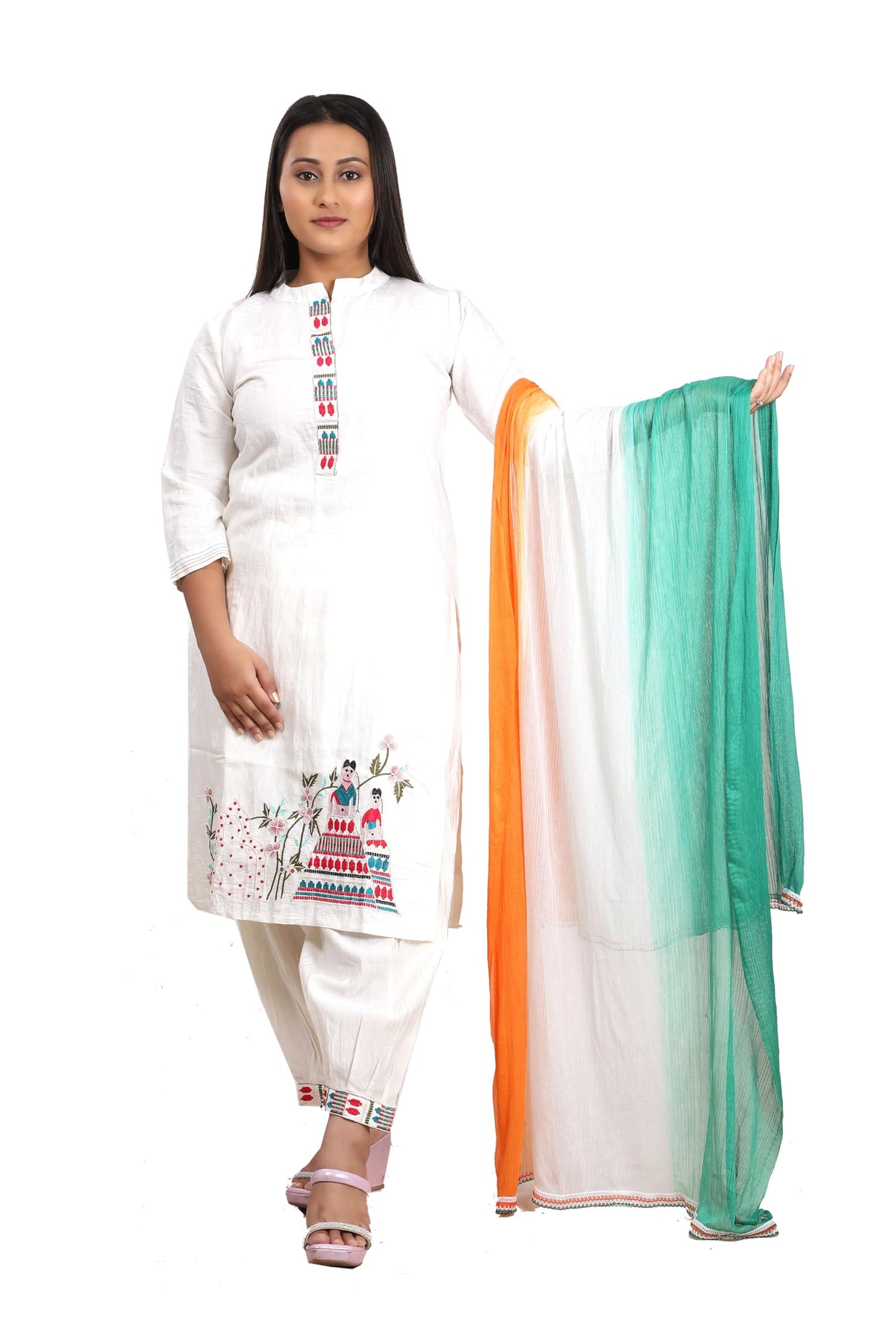 Fabme Women'S Tricolor/Tiranga Dupatta With Golden Work For Republic Day/Independence Day