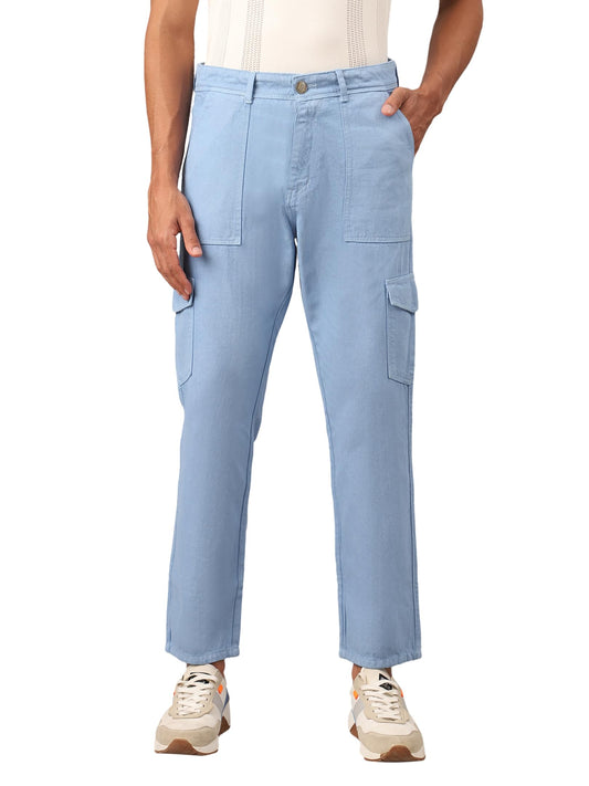 AVANOVA Light Blue Bell-Bottom Men Cargo Jeans II Men Cargo Pants II Denim Cargo for Men II Cotton Pant II Wide Legs II Flap Poc