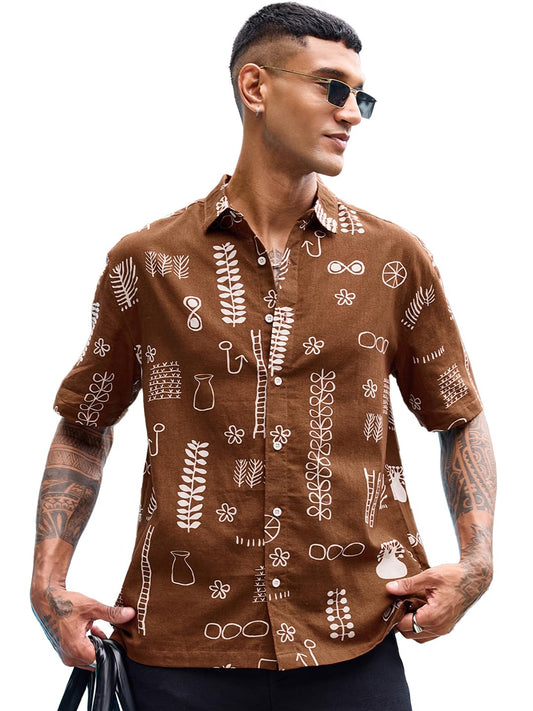 Bewakoof Mens All Over Printed Oversized Fit Half Sleeve Collar Pure Cotton Shirt_685464_Red_M