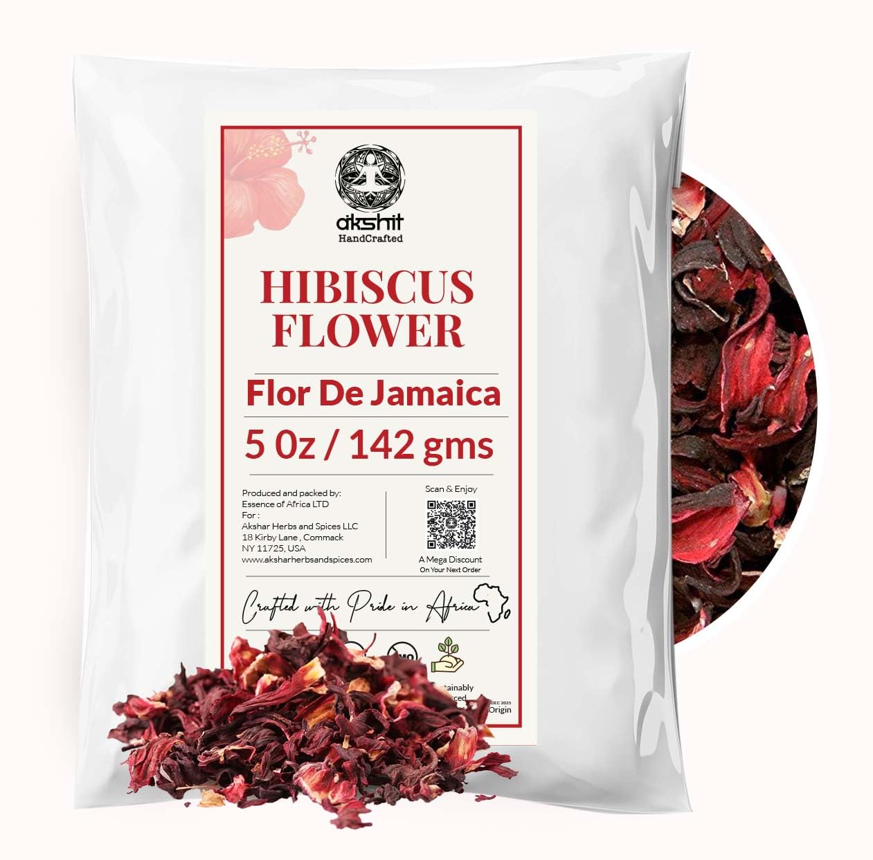Akshit Hibiscus Flowers 5 oz  Herbal Tea | Flor de Jamaica tea | Dried Hibiscus | Loose Leaf Tea | Caffeine-Free | Vegan Friendly | Fleurs d'hibiscus bio Akshit