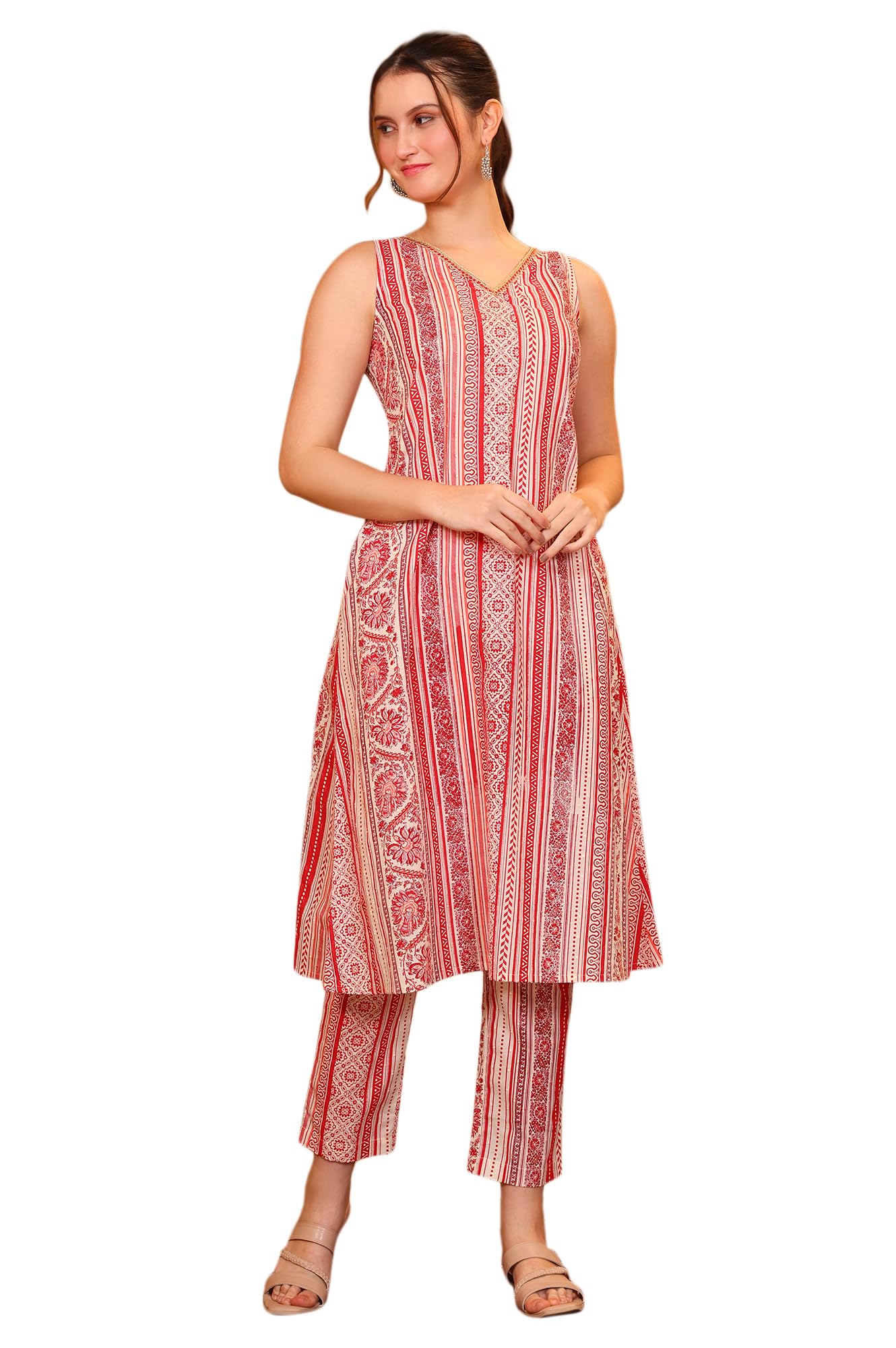 Aurelia Womens Abstract Printed Tape Embellished A-Line Cotton Blend Red Kurta and Trouser Co-ord Set (Size-XXL)-AS16098-509761