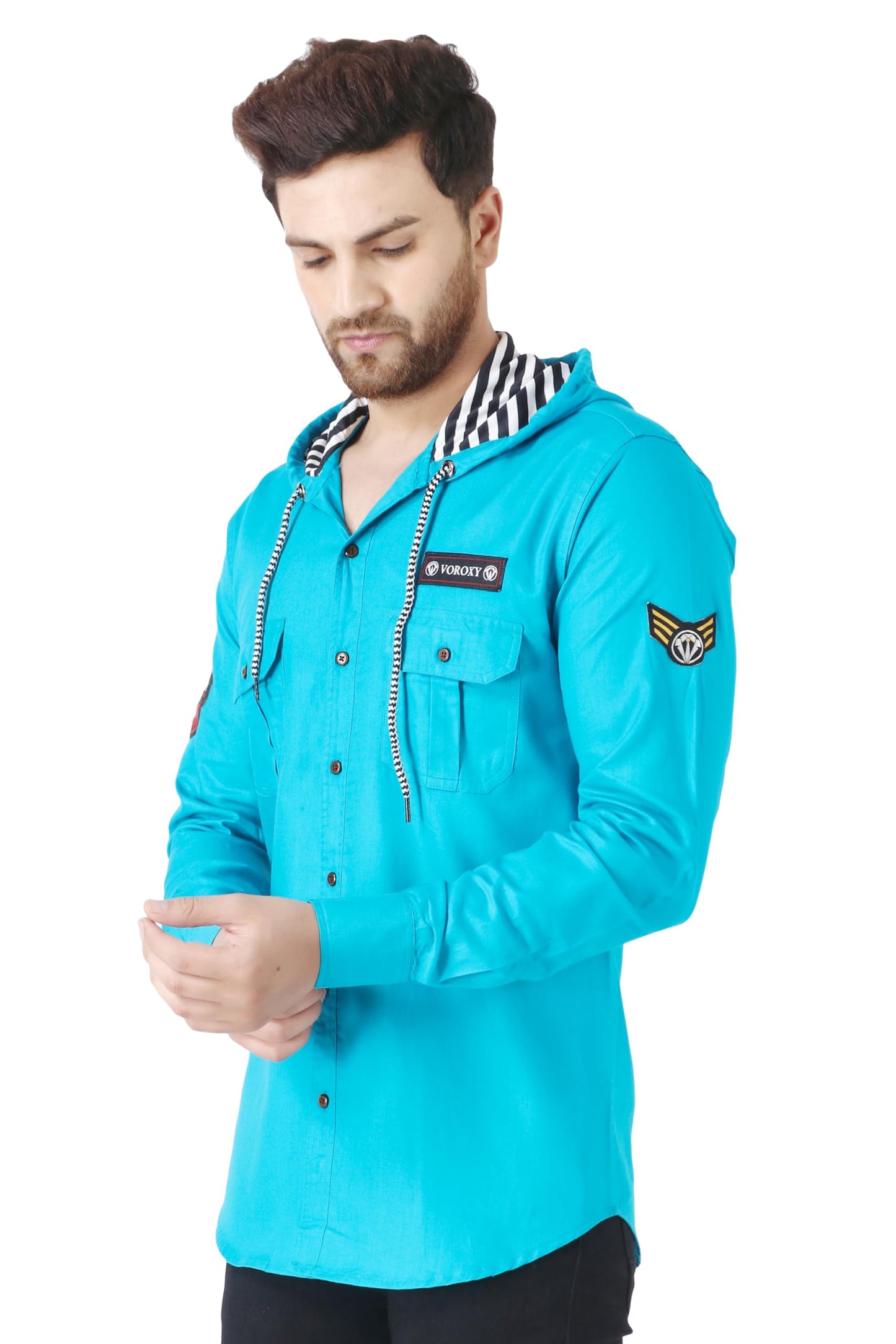 Besix MenS Blue Tailored Fit Cotton Blend Shirt For Man With Hoodie - Casual Long Sleeve Shirt With Pockets - Patch Detail For