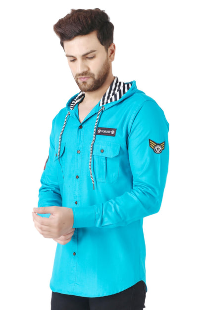 Besix MenS Blue Tailored Fit Cotton Blend Shirt For Man With Hoodie - Casual Long Sleeve Shirt With Pockets - Patch Detail For
