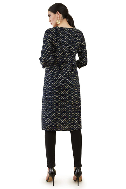 Soch Navy Blue Rayon Kurta with Block Printed Patterns