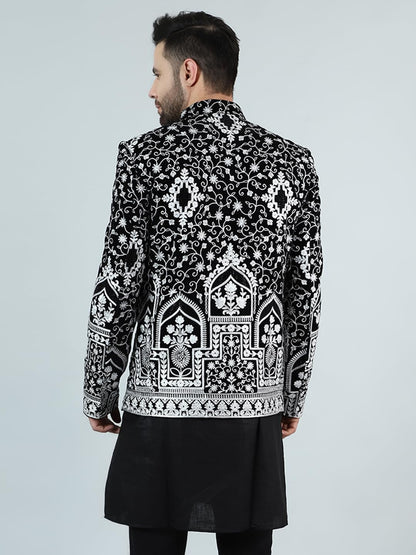 WINTAGE Mens Embroidered Velvet Black Bandhgala : blazer1573short