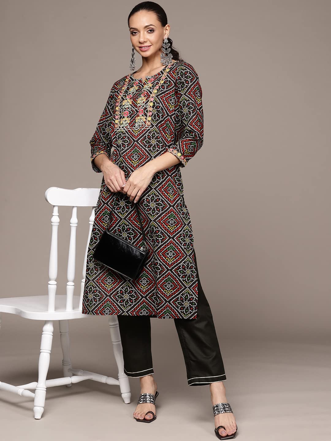 anubhutee Women's Cotton Bandhani Printed Straight Kurta Suit Set with Pants ABWKT2215_BK_L_Black