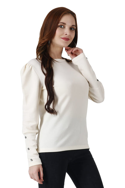 POPWINGS Casual Solid Puff Button Long Sleeves Tops for Women || Summer Round Neck and Stylish Western Top for Women