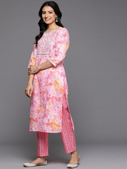 Varanga Women Pink Printed Round Neck Yoke Embroidered Straight Kurta with Bottom and Dupatta