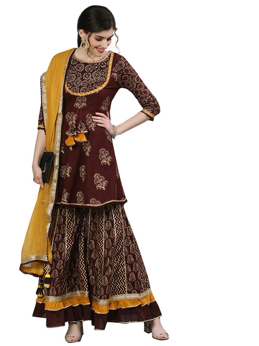 ishin Women's Cotton Brown Embellished Peplum Kurta Sharara Dupatta Set