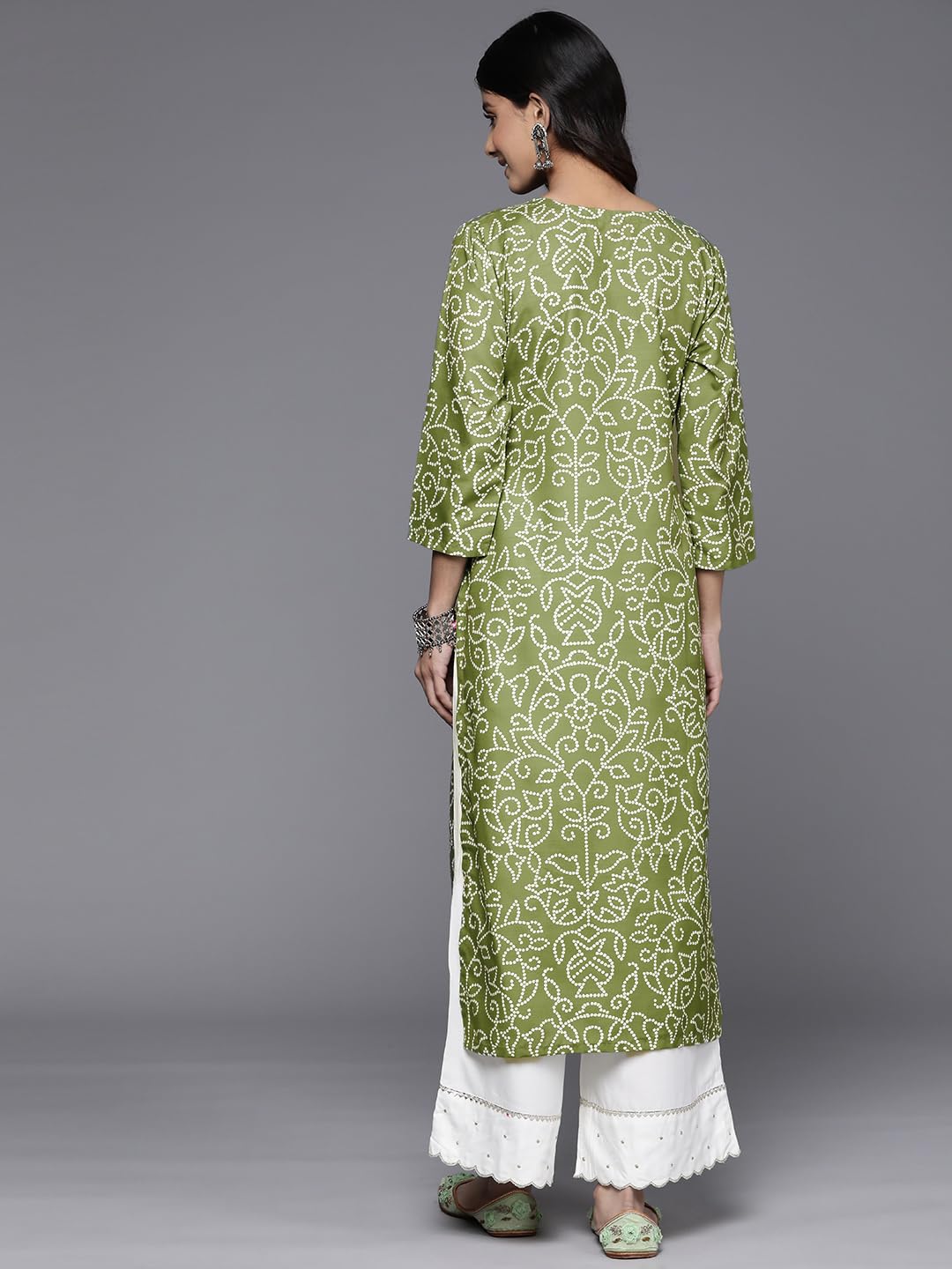 Varanga Women Olive Bhandhani Print Gota Yoke Embroidered Kurta With Round Neck, Tassel Detailing, Three-Quarter Sleeves, Straig