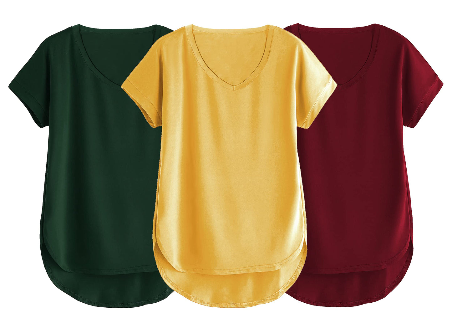 Fabricorn Combo Of Three Plain Maroon, Bottle Green And Mustard Yellow V-Neck Up And Down Cotton Tshirt For Women (Maroon, Bottl