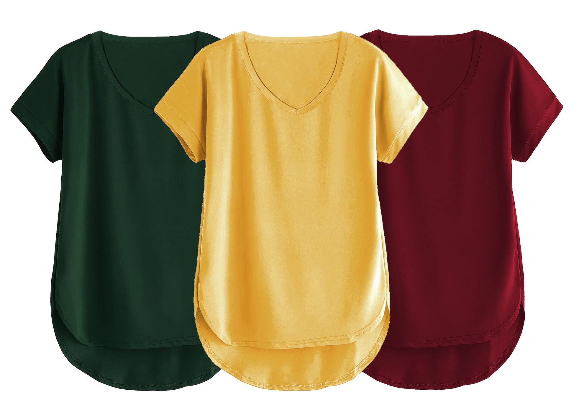 Fabricorn Combo Of Three Plain Maroon, Bottle Green And Mustard Yellow V-Neck Up And Down Cotton Tshirt For Women (Maroon, Bottl
