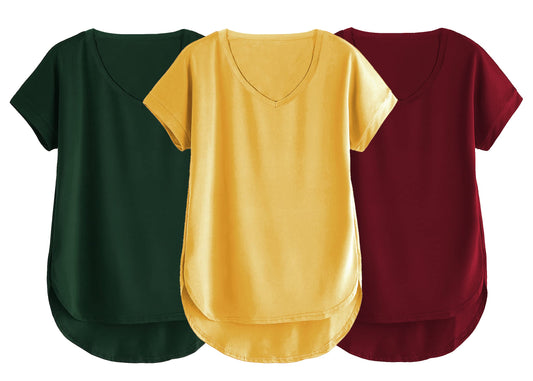 Fabricorn Combo Of Three Plain Maroon, Bottle Green And Mustard Yellow V-Neck Up And Down Cotton Tshirt For Women (Maroon, Bottl
