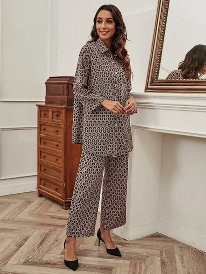 Greciilooks Women Co Ord Set| Geo Print Button Front With Wide Leg Pants| Long Sleeve Shirt| Straight Geo Printed Pant| Women Tw