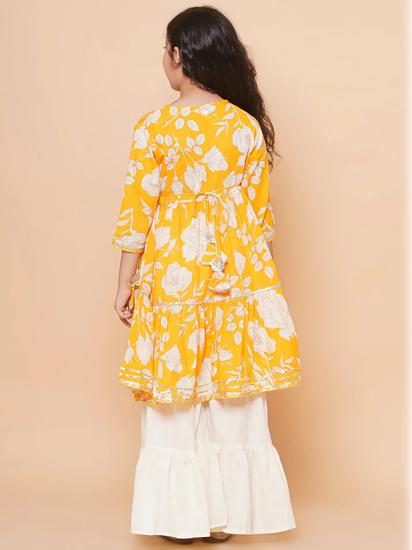 Naixa Girls Yellow Rayon V Neck 3/4 Sleeve Floral Printed Kurta And Sharara With Dupatta Set | Latest Floral Designer Printed Sa