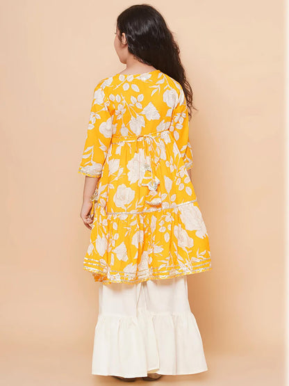 Naixa Girls Yellow Rayon V Neck 3/4 Sleeve Floral Printed Kurta And Sharara With Dupatta Set | Latest Floral Designer Printed Sa