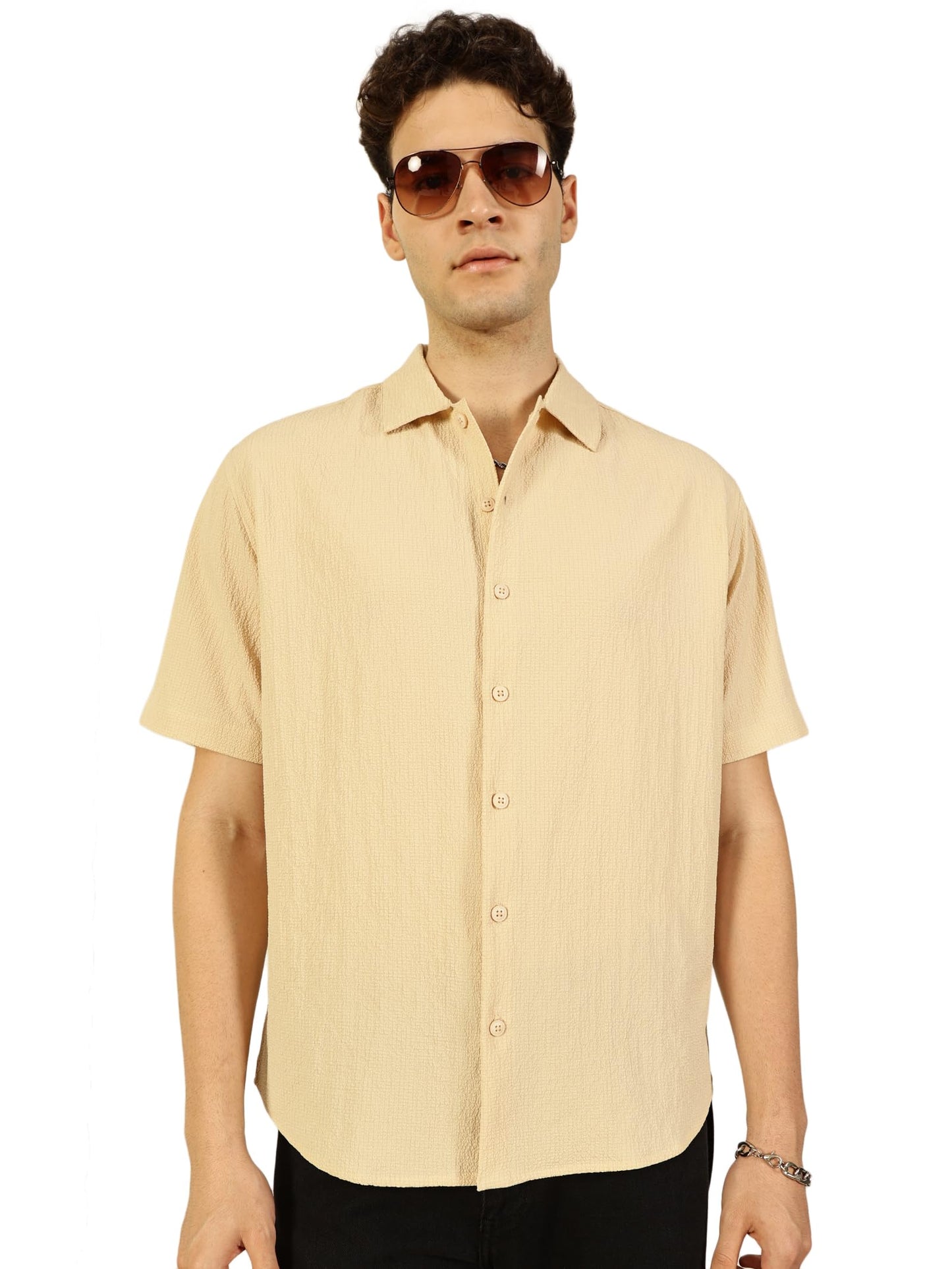 Thomas Scott Regular Fit Self Design Textured Cuban Collar Casual Shirt for Mens Beige