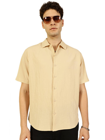 Thomas Scott Regular Fit Self Design Textured Cuban Collar Casual Shirt for Mens Beige