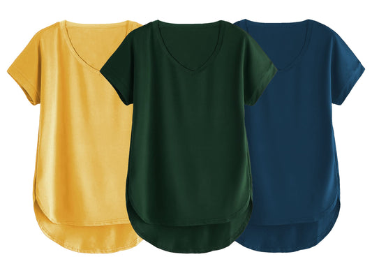 Fabricorn Combo Of Three Plain Bottle Green, Mustard Yellow And Airforce Blue V-Neck Up And Down Cotton Tshirt For Women (Bottle