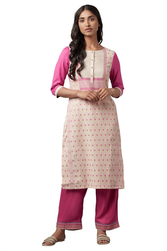 W for Women Light Pink Cotton Dobby Kurta in Round Neck