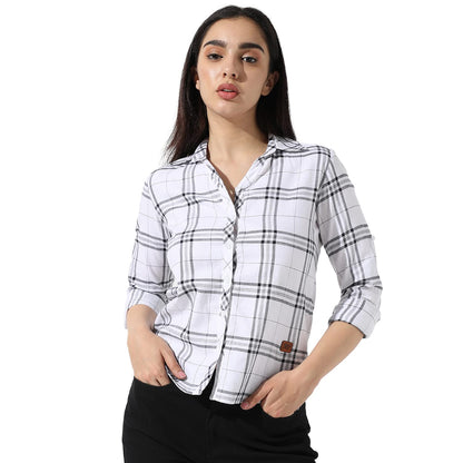Campus Sutra Womens Navy Blue Tartan Plaid Button Up Regular Fit Shirtfor Casual Wear | Spread Collar | Long Sleeves | Cotton S