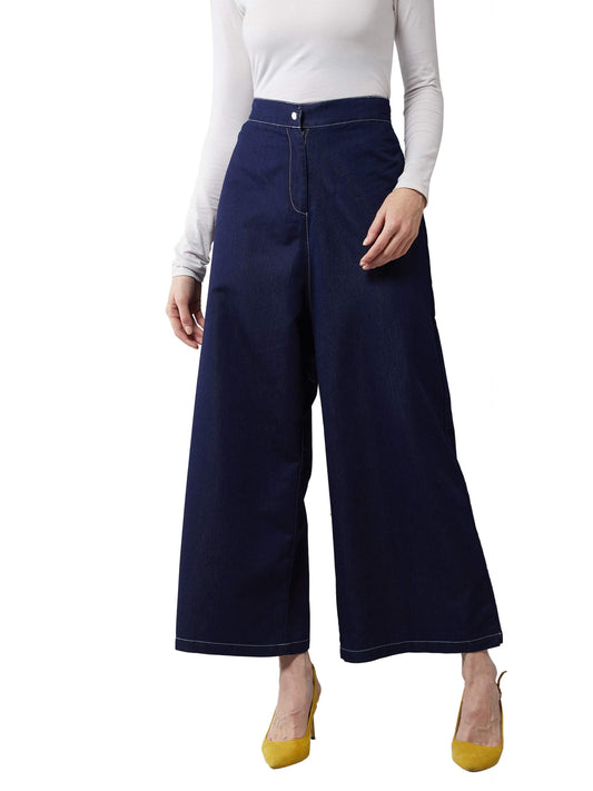 Dolce Crudo WomenS Navy Blue Wide-Leg High Rise Clean Look Regular Length Denim Pants(Doaw19Den10-34-71-28,Navy Blue,28)
