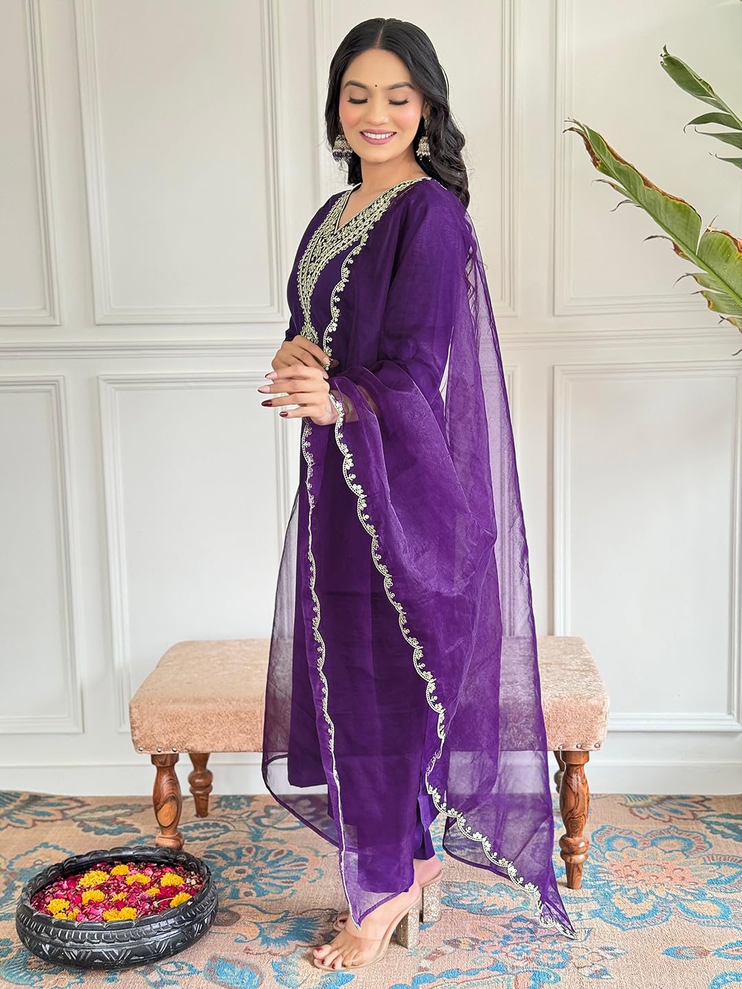 Naixa WomenS Violate Rayon Slub Embroidered Straight Kurta With Rayon Slub Pant And Organza Laced Dupatta Sets (Nx-575-Violate-