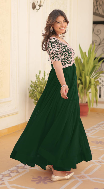Fashion Basket Georgette Embroidered Anarkali Gown For Women Green