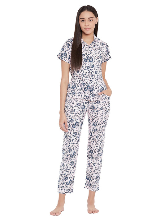 Clovia Womens Cotton Button Me Up Floral Shirt & Pyjama Set (LS0025E22_Pink_XL)