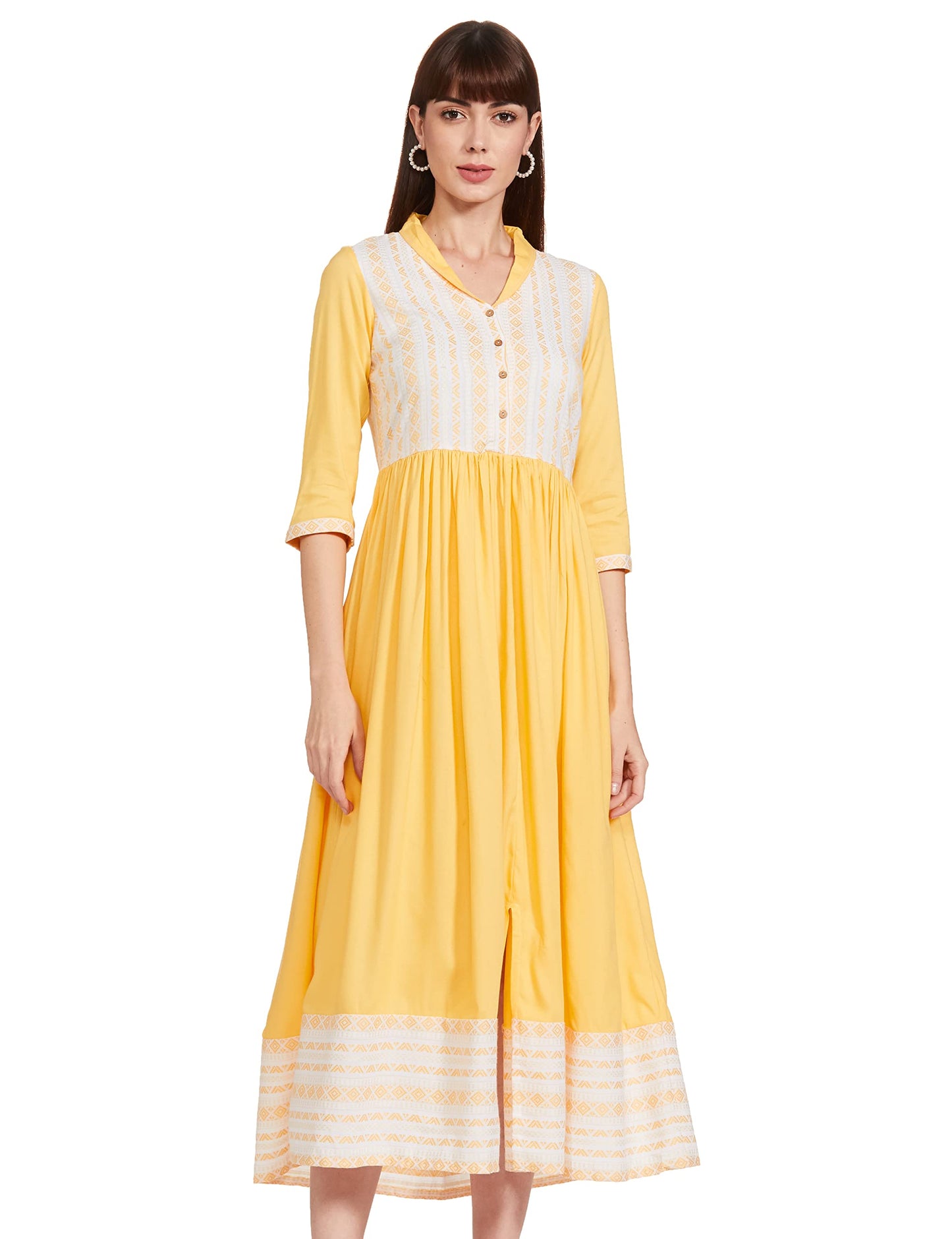 Aurelia WomenS Cotton Yellow Shawl Collar Flared Kurta Below The Knee Dress (20Aua11531-701456 L)