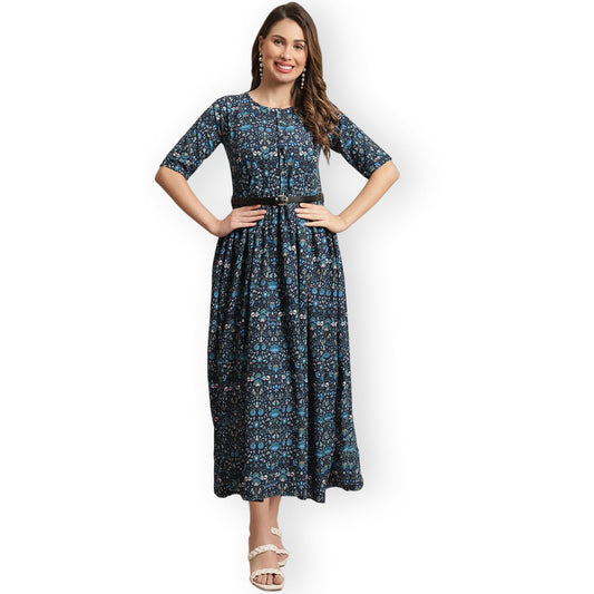 Preneum GirlsS Georgette Floral Printed 3/4 Slevees A-Line Fit & Flare Gown With Belt, Blue, S