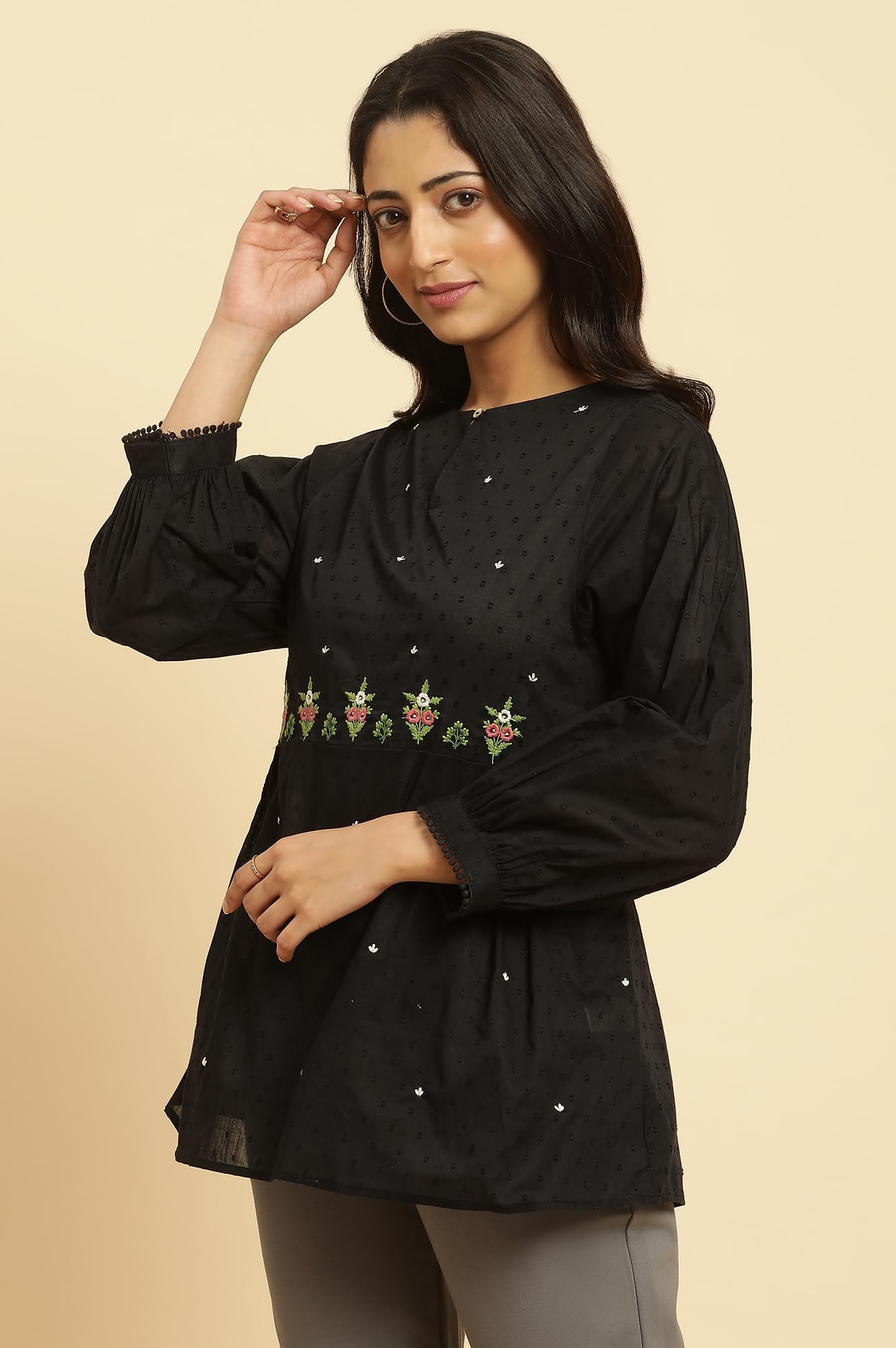 W Black Embroidered Cotton Tunic Top For Women