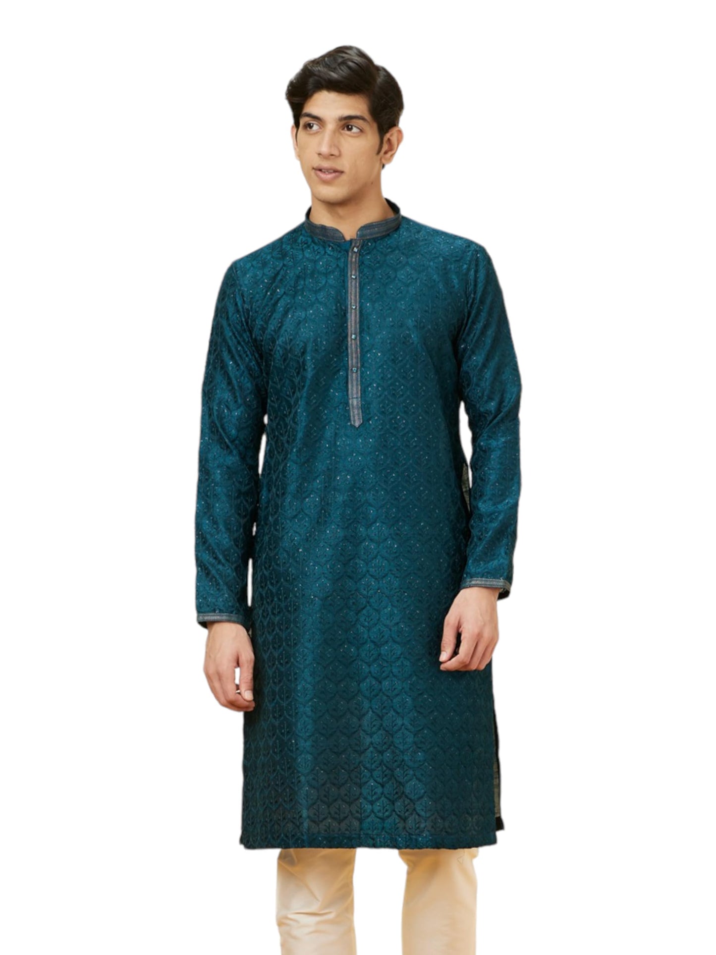 Manyavar Mens Blue Art Silk Self Design Kurta Pyjama Set