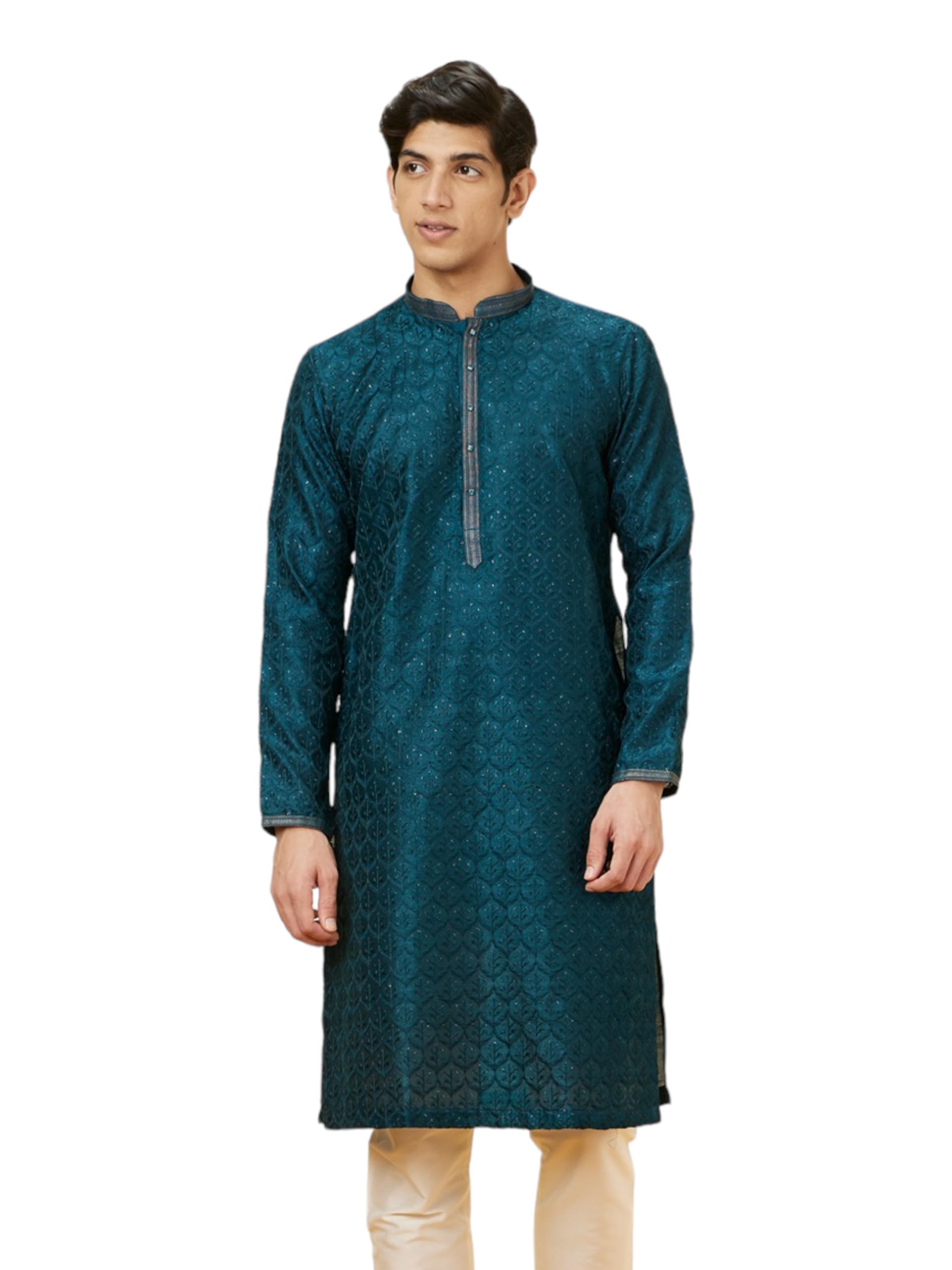 Manyavar Mens Blue Art Silk Self Design Kurta Pyjama Set