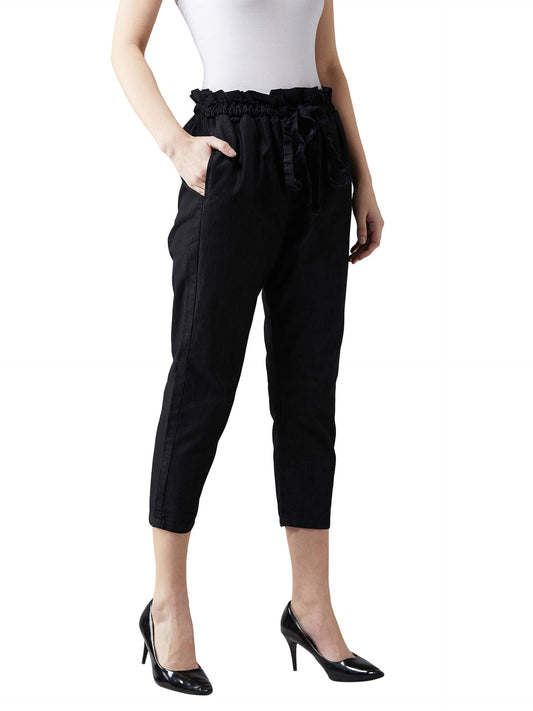 Dolce Crudo Womens Black Pleated Front High Rise Clean Look Ankle Length Stretchable Denim Paper Bag Pants(DOAW18DEN07-02-62-26