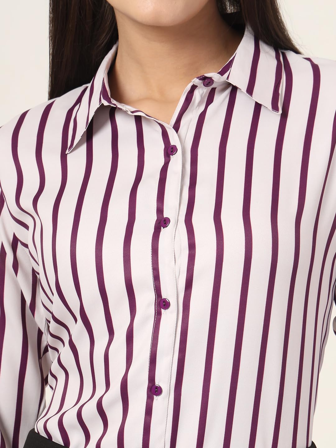 Style Quotient Women Magenta and Off White Stripe Printed Polyester Regular Fit Formal Shirt