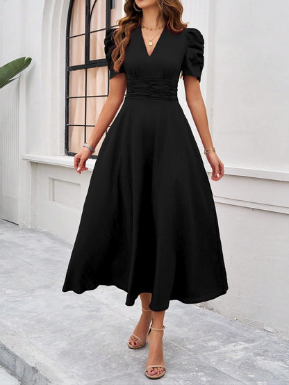 Shasmi Girls & Womens Black Solid Color V-Neck A-Line Maxi Dress for Women | New Year Party Outfit | Waist Cinched Puff Sleeve