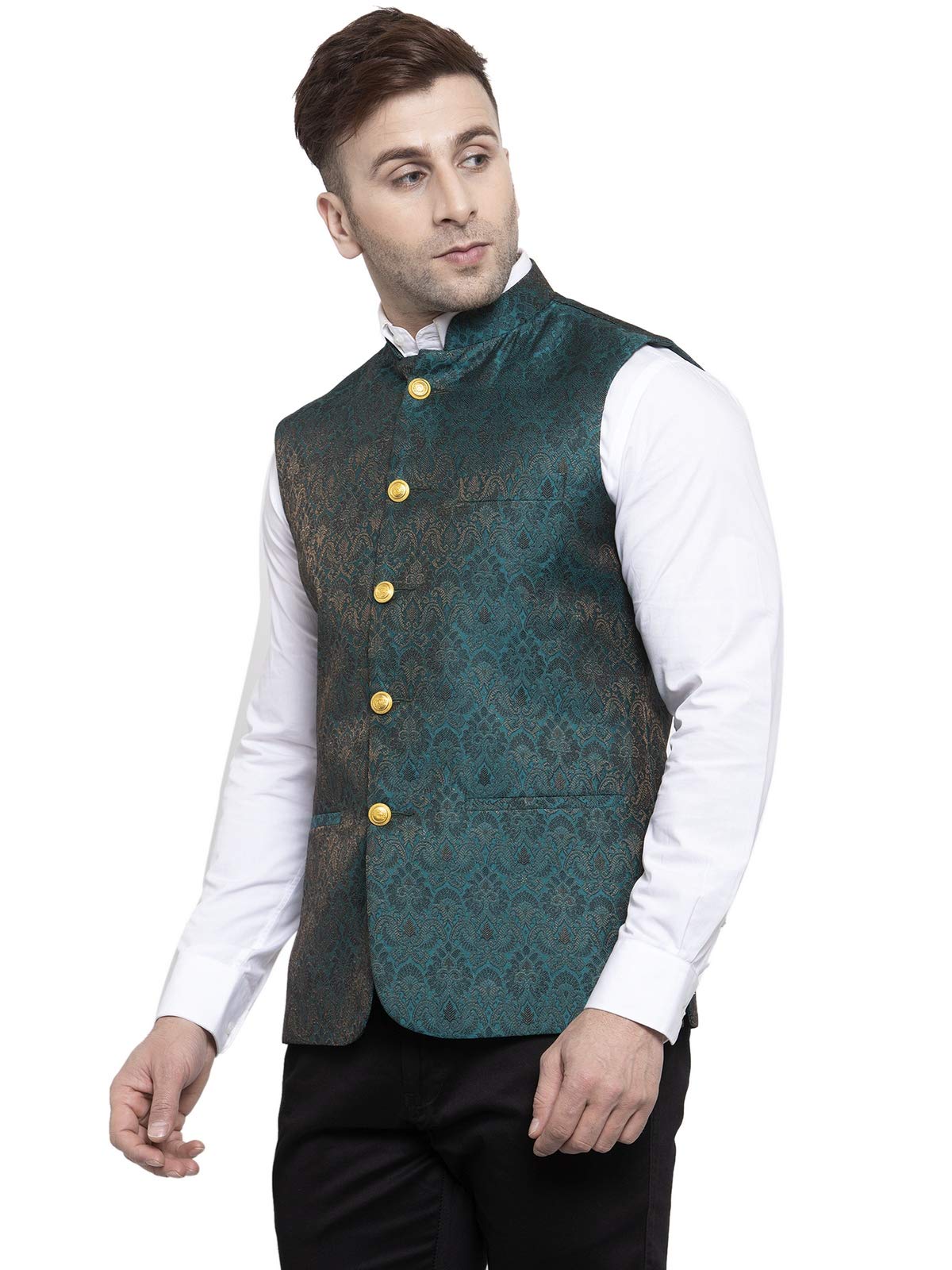 WINTAGE Mens Banarsi Rayon Cotton Bandhgala Festive Nehru Modi Jacket Waistcoat : Green, X-Small