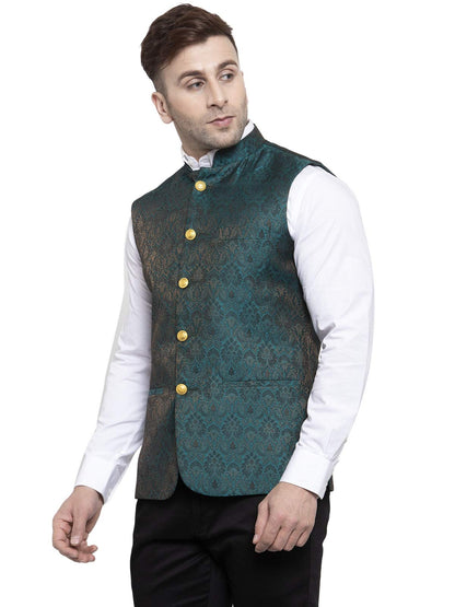 WINTAGE Mens Banarsi Rayon Cotton Bandhgala Festive Nehru Modi Jacket Waistcoat : Green, X-Small