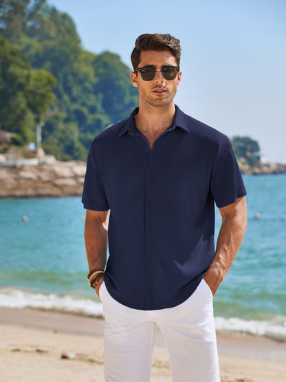 CB-COLEBROOK Mens Waffle Knit Textured Button-Down Wrinkle Free Casual Shirts, Short Sleeves, Summer Beach Tops (in, Alpha, XL,