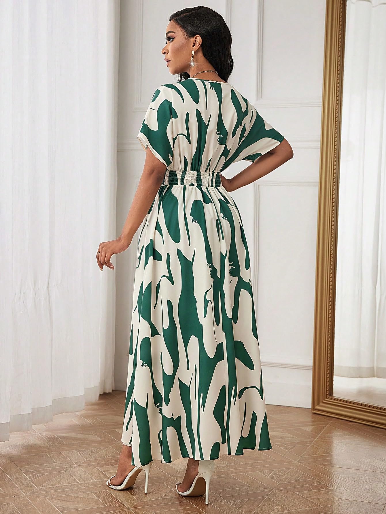 Shasmi WomenS & GirlS White Green V-Neck Printed Dress With Ruffled Hem And Belted Waist For Vacation, One Piece Maxi For Wome