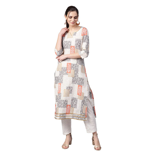 idaLia Women's Off White Printed Cotton Kurta with Printed Pants