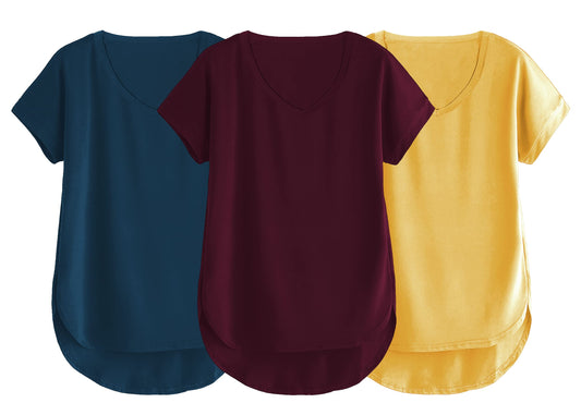 Fabricorn Combo Of Three Plain Mustard Yellow, Airforce Blue And Wine V-Neck Up And Down Cotton Tshirt For Women (Mustard Yellow