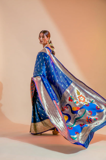 Pujia Mills Woman Pure Banarasi Silk Paithani Saree Indian Ethnic Wear Kanjivaram Saree With Heavy Golden Zari Woven Border With