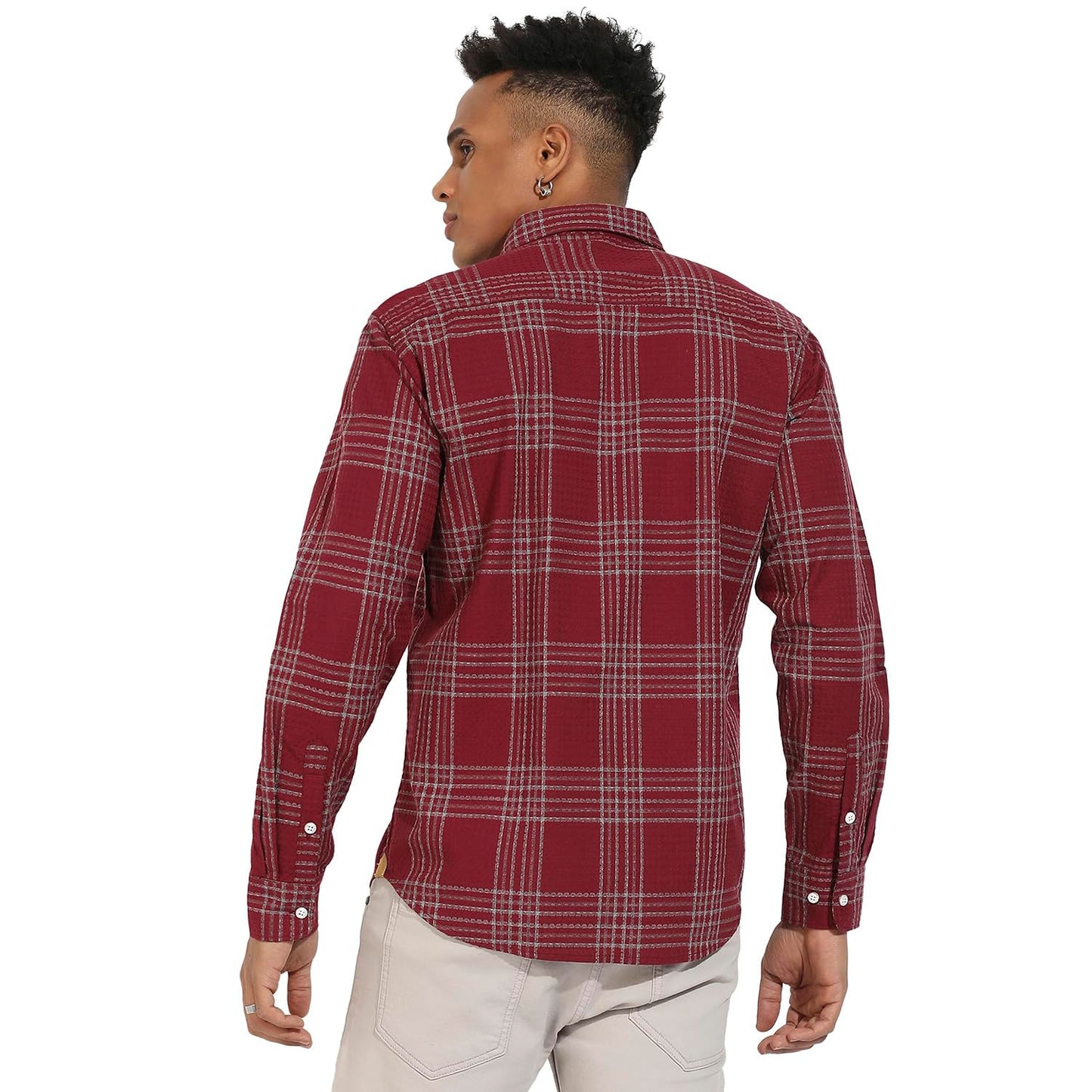 Campus Sutra Mens Maroon Red Chalk Tartan Plaid Shirt for Casual Wear | Spread Collar | Long Sleeve | Button Closure | Cotton B