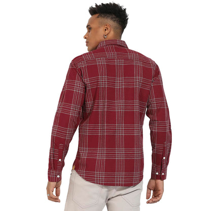 Campus Sutra Mens Maroon Red Chalk Tartan Plaid Shirt for Casual Wear | Spread Collar | Long Sleeve | Button Closure | Cotton B