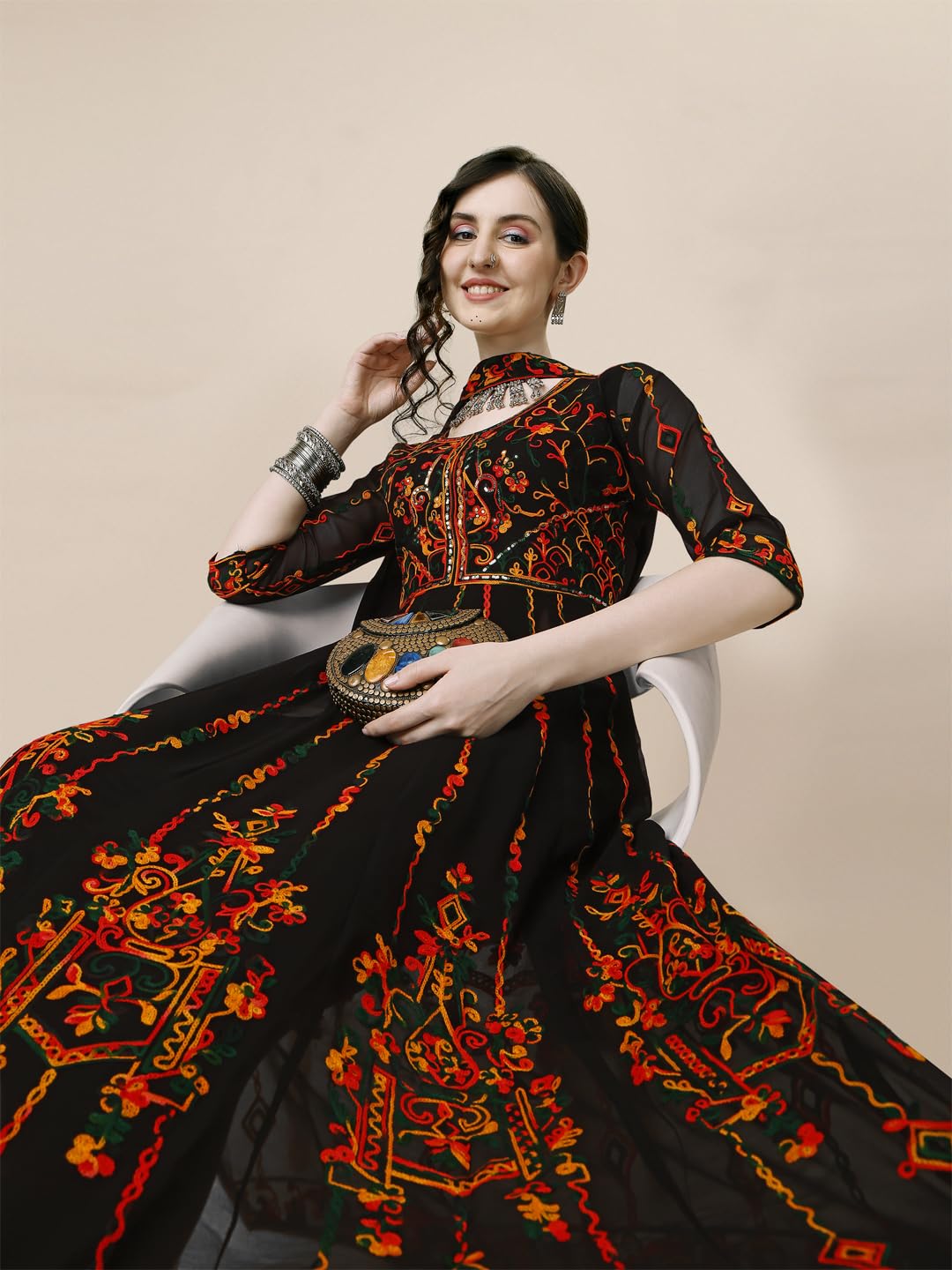 EthnicJunction Women s Georgette Embroidered and Sequence Work Anarkali Kurta and Dupatta Set Black