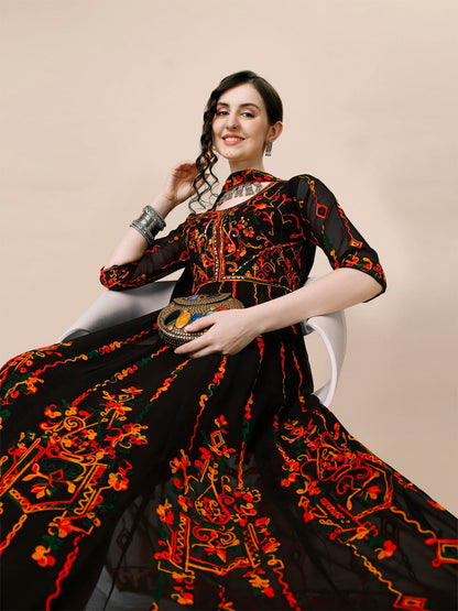 EthnicJunction Women s Georgette Embroidered and Sequence Work Anarkali Kurta and Dupatta Set Black